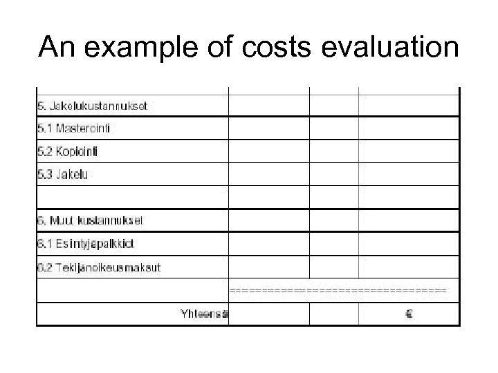 An example of costs evaluation 