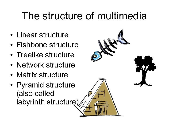 The structure of multimedia • • • Linear structure Fishbone structure Treelike structure Network