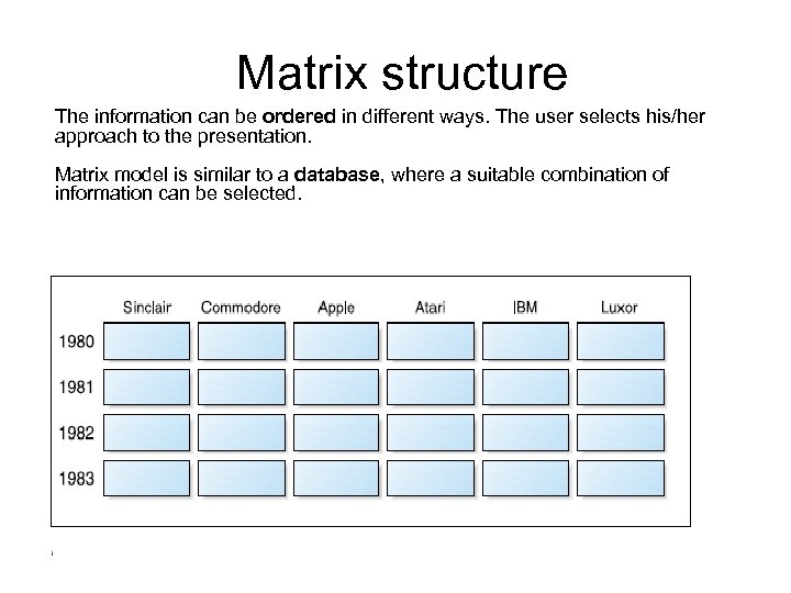 Matrix structure The information can be ordered in different ways. The user selects his/her