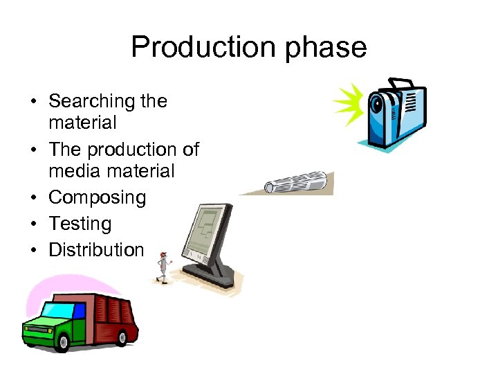 Production phase • Searching the material • The production of media material • Composing