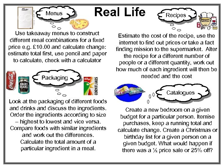 Menus Real Life Use takeaway menus to construct different meal combinations for a fixed