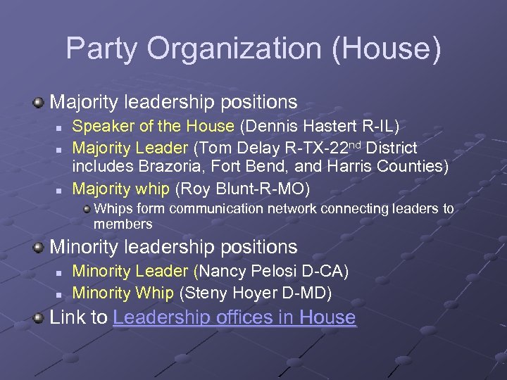 Party Organization (House) Majority leadership positions n n n Speaker of the House (Dennis