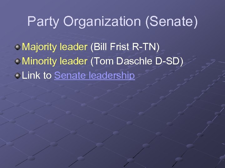 Party Organization (Senate) Majority leader (Bill Frist R-TN) Minority leader (Tom Daschle D-SD) Link