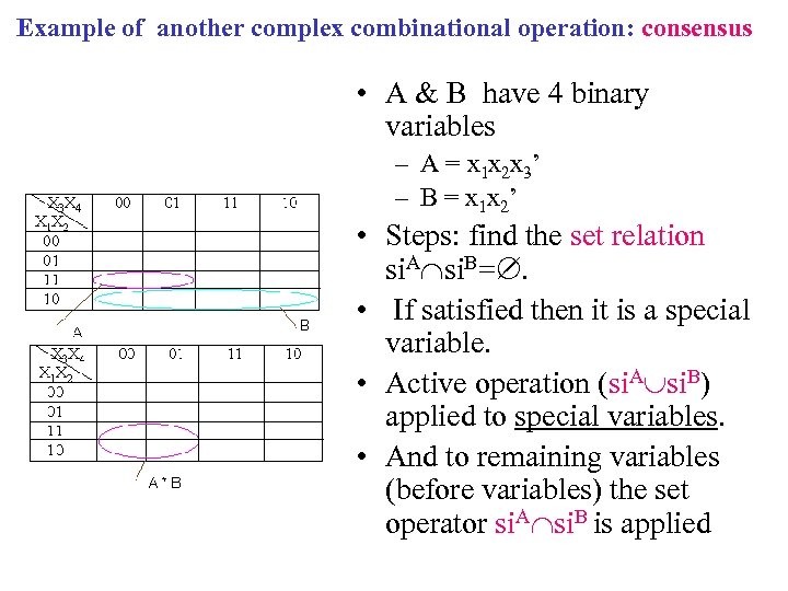 Example of another complex combinational operation: consensus • A & B have 4 binary