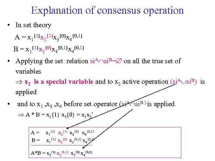 Explanation of consensus operation • In set theory A = x 1{1}x 2{1}x 3{0}x