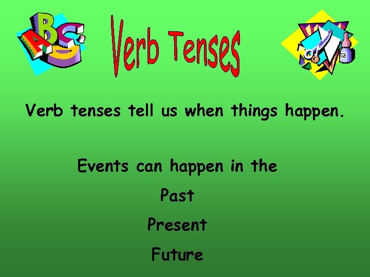 Verb tenses tell us when things happen. Events can happen in the Past Present