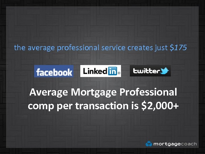 the average professional service creates just $175 Average Mortgage Professional comp per transaction is