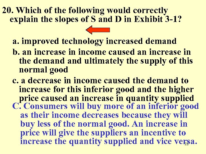 20. Which of the following would correctly explain the slopes of S and D