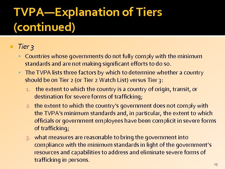 TVPA—Explanation of Tiers (continued) Tier 3 Countries whose governments do not fully comply with