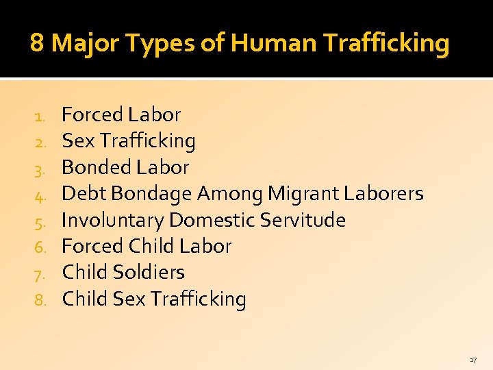 8 Major Types of Human Trafficking 1. 2. 3. 4. 5. 6. 7. 8.