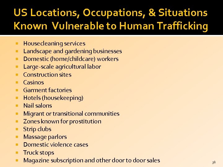 US Locations, Occupations, & Situations Known Vulnerable to Human Trafficking Housecleaning services Landscape and