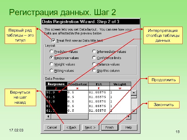 Регистрация данных. Шаг 2 Первый ряд таблицы – это титул Интерпретация столбца таблицы данных