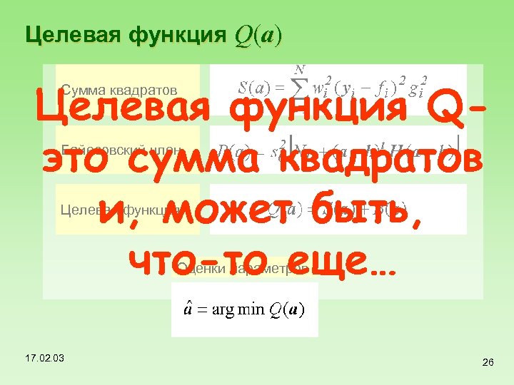 Целевая функция Q(a) Целевая функция Qэто сумма квадратов и, может быть, что-то еще… Сумма