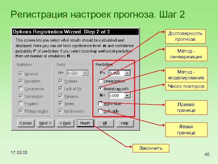 Регистрация настроек прогноза. Шаг 2 Достоверность прогноза Метод линеаризация Метод моделирование Число повторов Правая