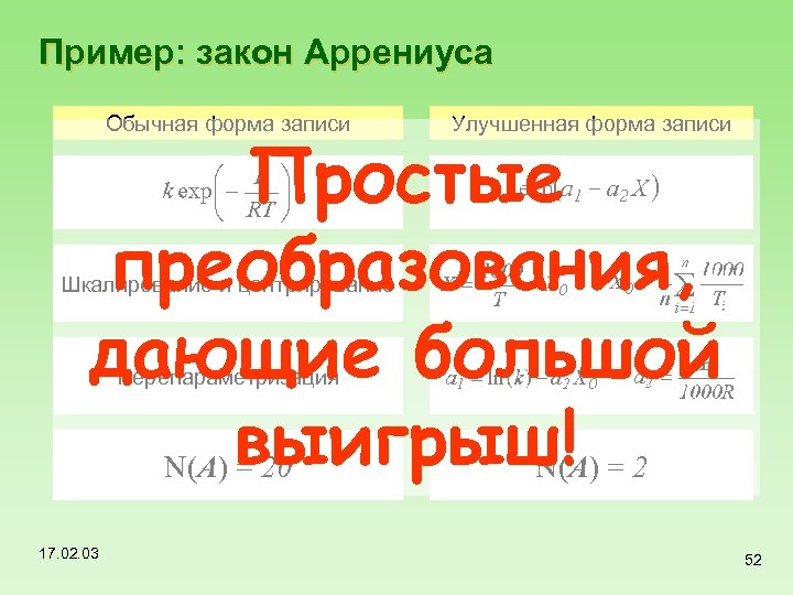 Пример: закон Аррениуса Обычная форма записи Улучшенная форма записи Простые преобразования, дающие большой N(A)