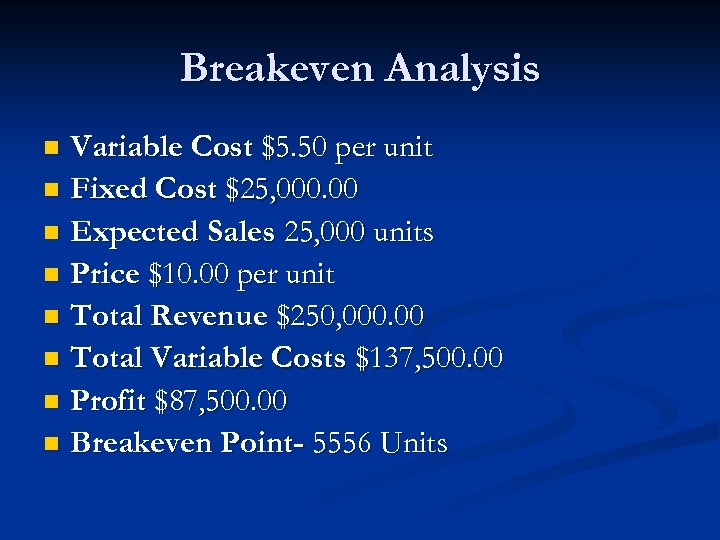 Breakeven Analysis Variable Cost $5. 50 per unit n Fixed Cost $25, 000. 00