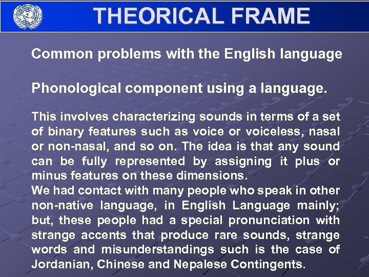 THEORICAL FRAME Common problems with the English language Phonological component using a language. This