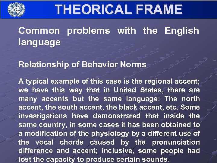 THEORICAL FRAME Common problems with the English language Relationship of Behavior Norms A typical