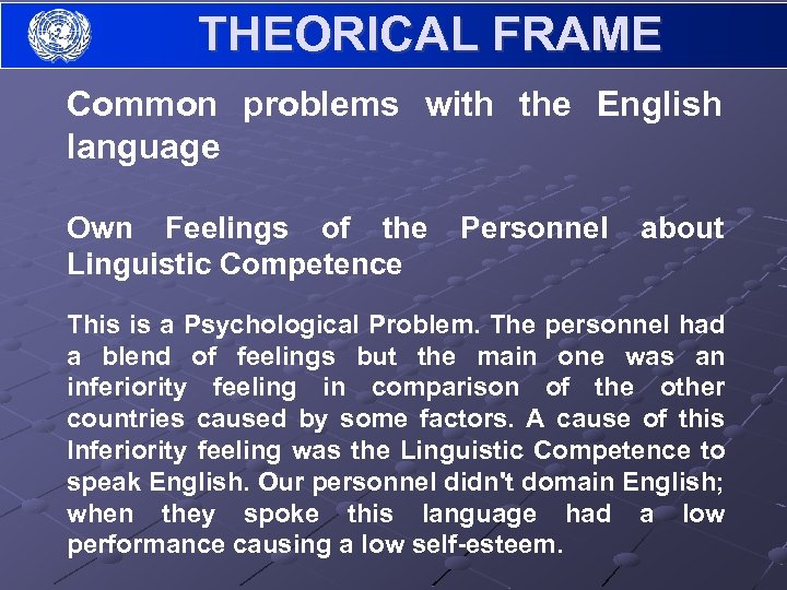 THEORICAL FRAME Common problems with the English language Own Feelings of the Personnel about
