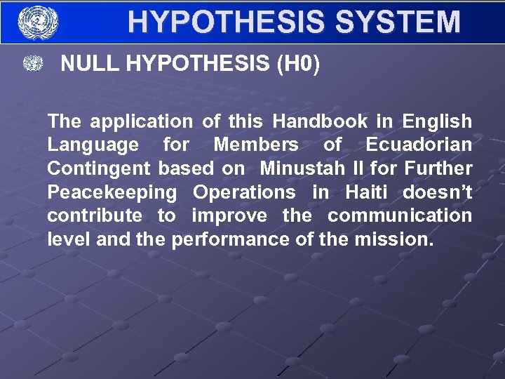 HYPOTHESIS SYSTEM NULL HYPOTHESIS (H 0) The application of this Handbook in English Language