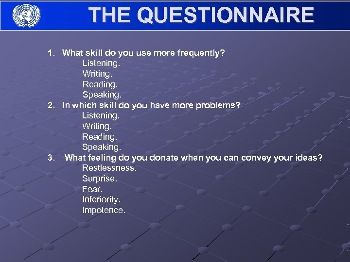 THE QUESTIONNAIRE 1. What skill do you use more frequently? Listening. Writing. Reading. Speaking.