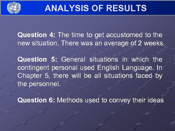 ANALYSIS OF RESULTS Question 4: The time to get accustomed to the new situation.