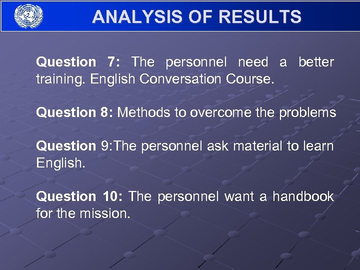 ANALYSIS OF RESULTS Question 7: The personnel need a better training. English Conversation Course.