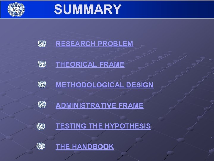 SUMMARY RESEARCH PROBLEM THEORICAL FRAME METHODOLOGICAL DESIGN ADMINISTRATIVE FRAME TESTING THE HYPOTHESIS THE HANDBOOK