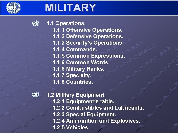 MILITARY 1. 1 Operations. 1. 1. 1 Offensive Operations. 1. 1. 2 Defensive Operations.