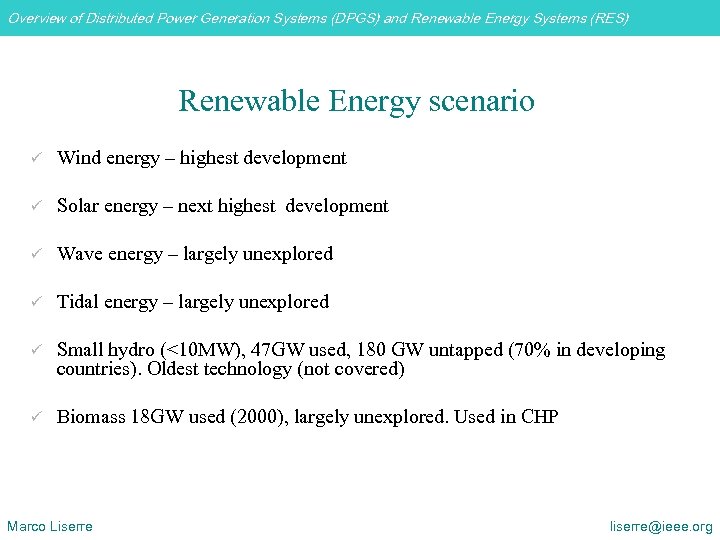 Overview of Distributed Power Generation Systems (DPGS) and Renewable Energy Systems (RES) Renewable Energy
