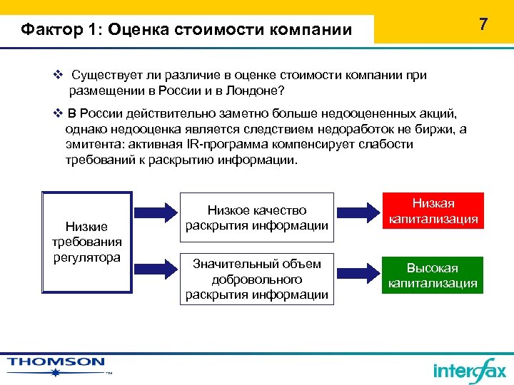 7 Фактор 1: Оценка стоимости компании v Существует ли различие в оценке стоимости компании