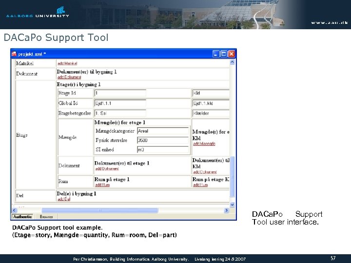 DACa. Po Support Tool user interface. Per Christiansson, Building Informatics. Aalborg University. Livslang læring