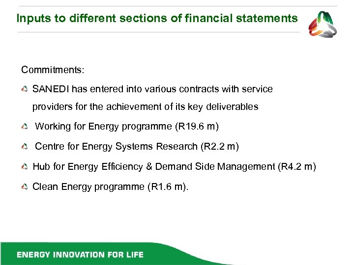 Inputs to different sections of financial statements Commitments: SANEDI has entered into various contracts