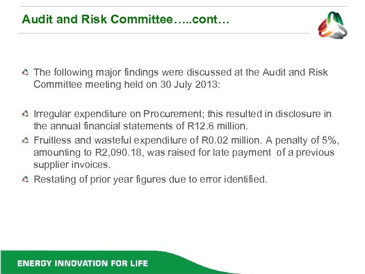 Audit and Risk Committee…. . cont… The following major findings were discussed at the