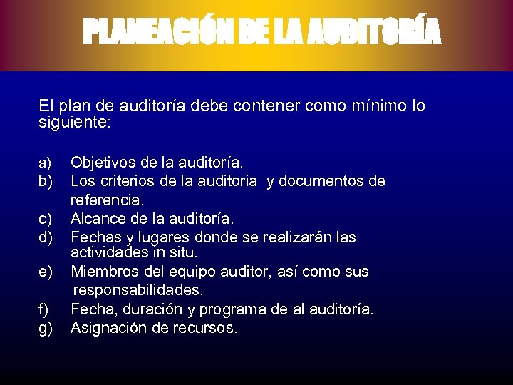 PLANEACIÓN DE LA AUDITORÍA El plan de auditoría debe contener como mínimo lo siguiente: