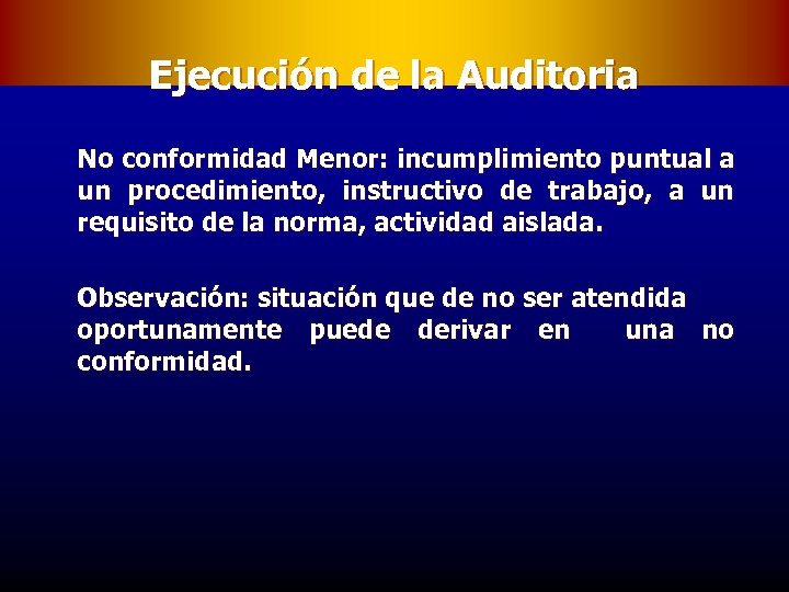 Ejecución de la Auditoria No conformidad Menor: incumplimiento puntual a un procedimiento, instructivo de