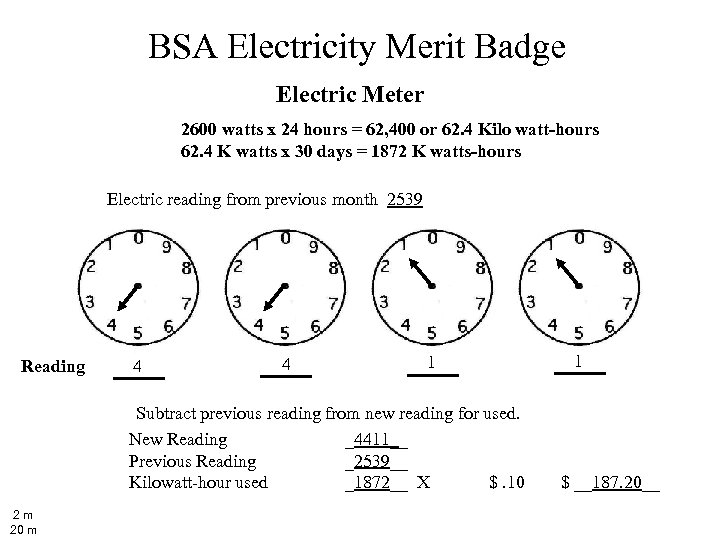 BSA Electricity Merit Badge Electric Meter 2600 watts x 24 hours = 62, 400