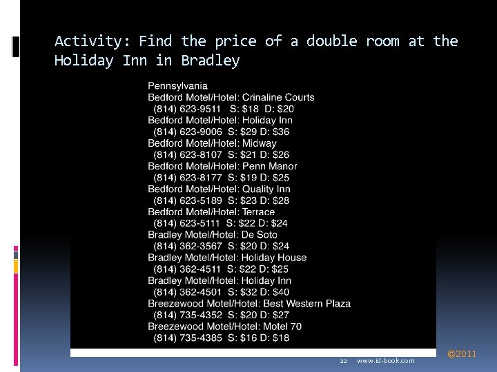 Activity: Find the price of a double room at the Holiday Inn in Bradley