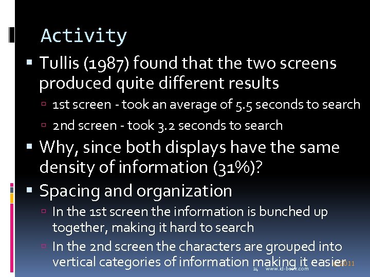 Activity Tullis (1987) found that the two screens produced quite different results 1 st