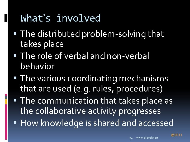What’s involved The distributed problem-solving that takes place The role of verbal and non-verbal