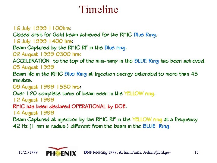 Timeline 16 July 1999 1100 hrs: Closed orbit for Gold beam achieved for the