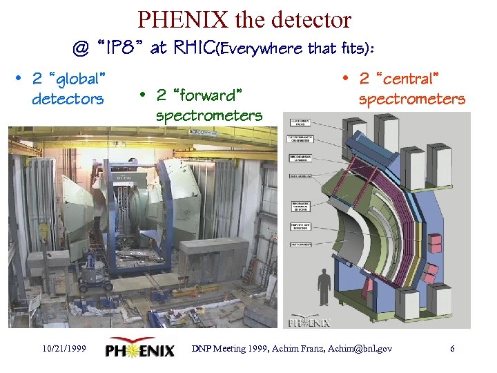 PHENIX the detector @ “IP 8” at RHIC(Everywhere that fits): • 2 “global” detectors