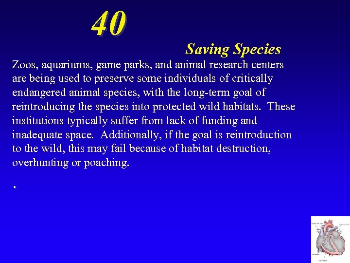 40 Saving Species Zoos, aquariums, game parks, and animal research centers are being used