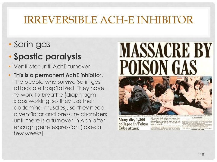 IRREVERSIBLE ACH-E INHIBITOR • Sarin gas • Spastic paralysis • Ventilator until Ach. E