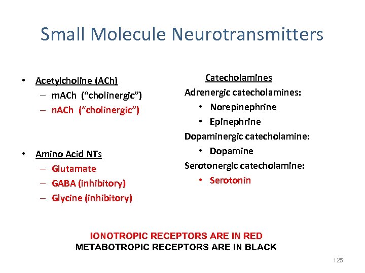 Small Molecule Neurotransmitters • Acetylcholine (ACh) – m. ACh (“cholinergic”) – n. ACh (“cholinergic”)