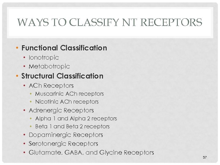 WAYS TO CLASSIFY NT RECEPTORS • Functional Classification • Ionotropic • Metabotropic • Structural