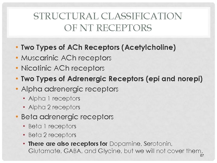 STRUCTURAL CLASSIFICATION OF NT RECEPTORS • • • Two Types of ACh Receptors (Acetylcholine)