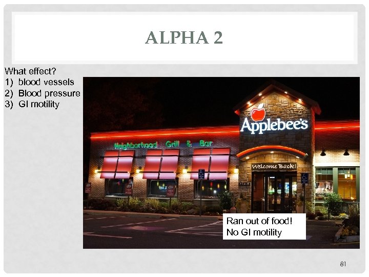 ALPHA 2 What effect? 1) blood vessels 2) Blood pressure 3) GI motility Ran