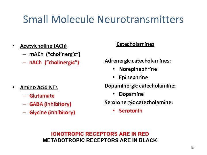 Small Molecule Neurotransmitters • Acetylcholine (ACh) – m. ACh (“cholinergic”) – n. ACh (“cholinergic”)