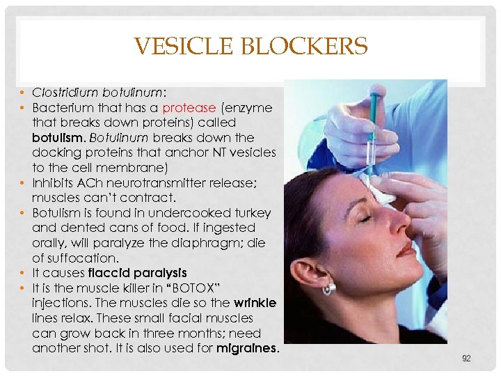VESICLE BLOCKERS • Clostridium botulinum: • Bacterium that has a protease (enzyme that breaks